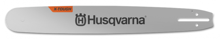 Husqvarna X-Tough metal sword with logo and a hole for attachment. Long, narrow design for chainsaws.